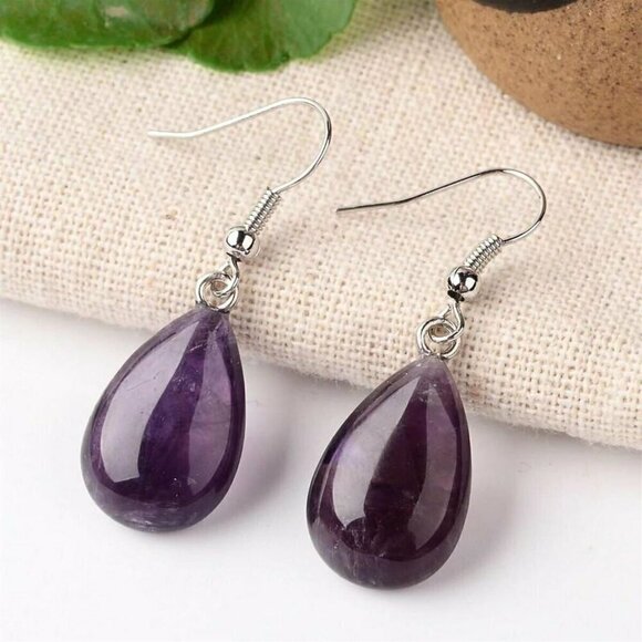 Handcrafted Natural Amethyst Puffed Teardrop Gemstone Dangle Earrings - Picture 1 of 1